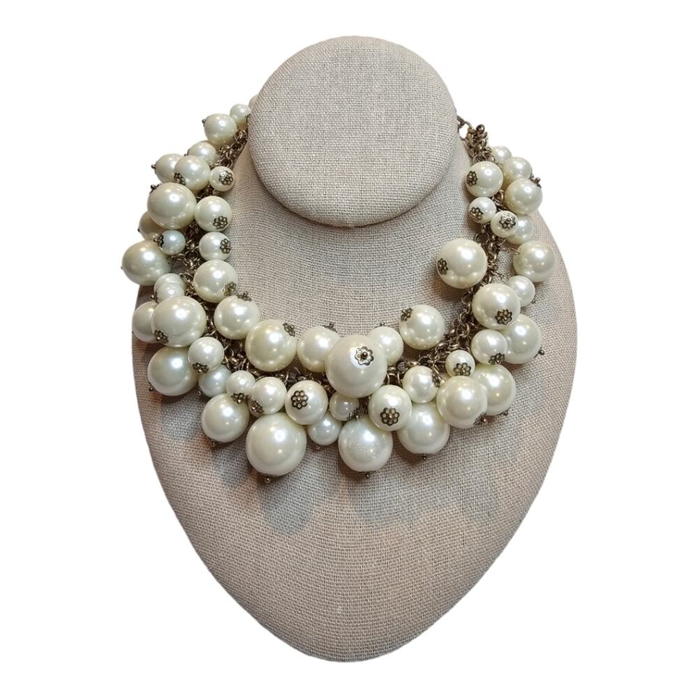 Ivory Fauxed Pearl Bobble Necklace with Antiqued Gold Toned Chain 13" to…